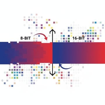 Visual comparison of 8-bit versus 16-bit image color depth showing tonal range and gradient precision differences