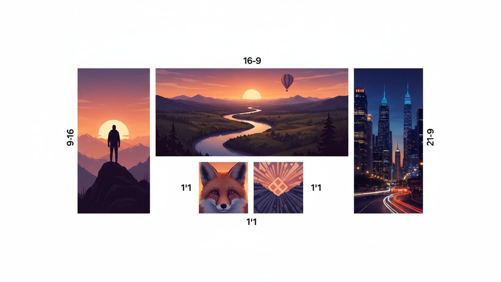 Visual comparison of common aspect ratios including 1:1 square, 4:3 standard, 16:9 widescreen, and 9:16 vertical, showing how the same image takes a different shape depending on the crop ratio applied
