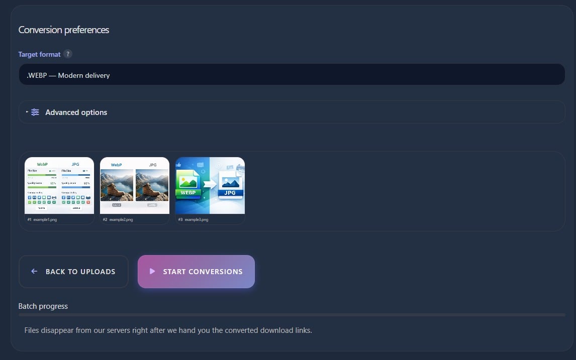Screenshot of batch WebP to JPG conversion interface