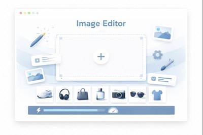 Minimal illustration of an image editor interface with a central upload area, editing icons, and a clean blue and white design