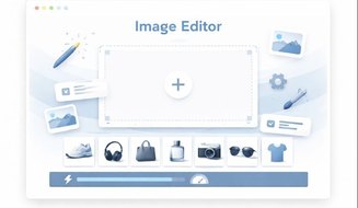 简约图片编辑器界面，中央上传区域，编辑图标，蓝白配色设计