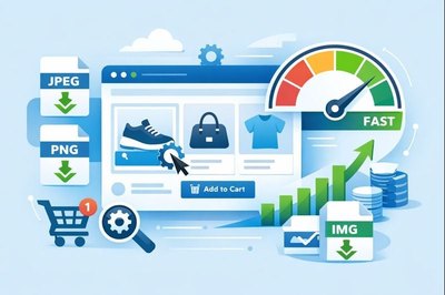 Illustration of e-commerce image optimization showing faster page speed, compressed images, and online sales growth