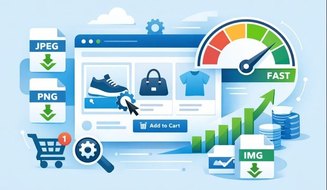 电商图片优化示意图：展示更快页面加载速度、图片压缩和在线销售增长