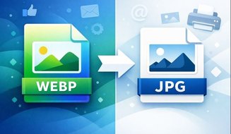 现代分屏插图对比WebP和JPG图像格式,箭头显示转换及跨平台兼容性。