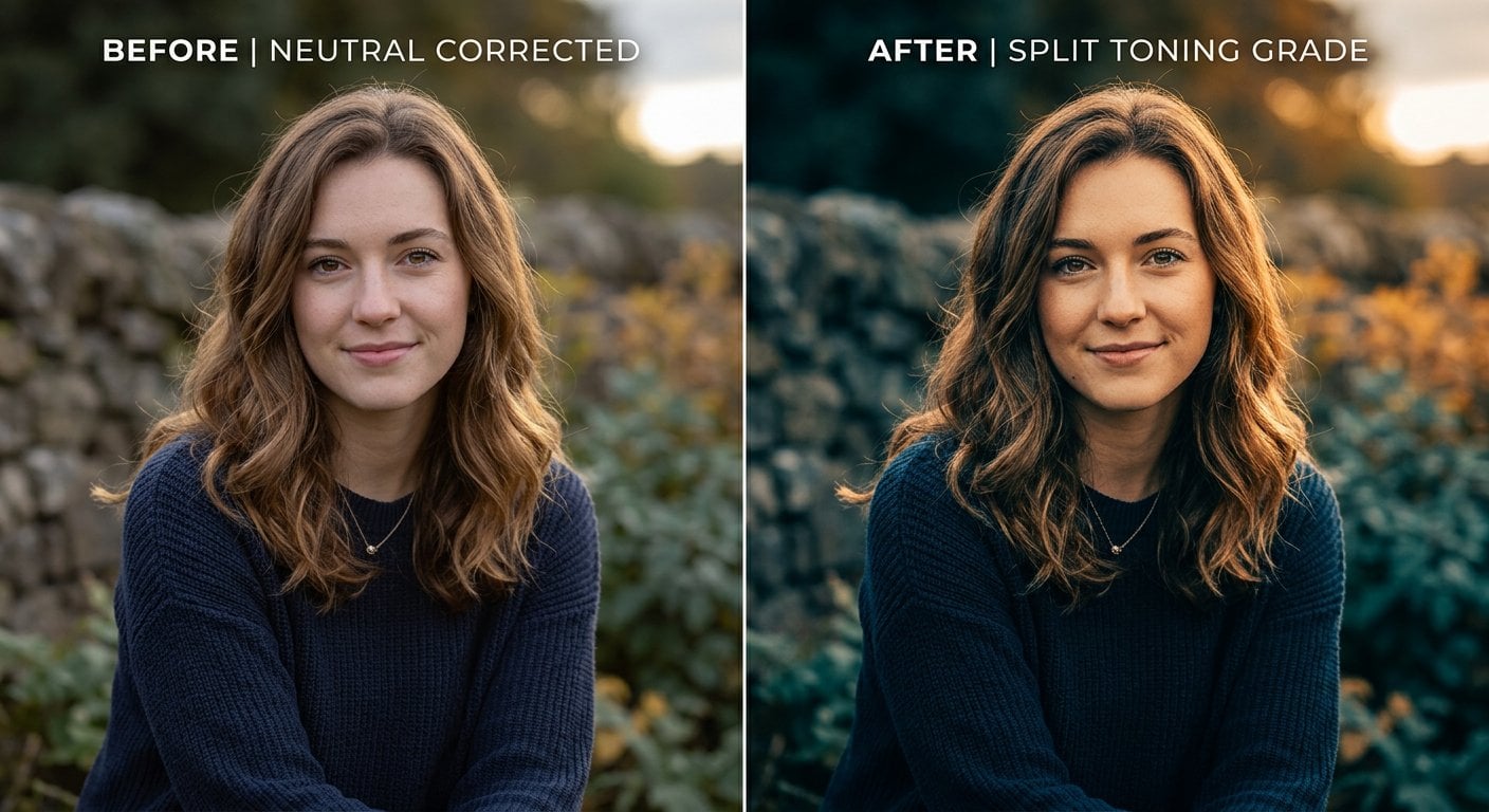 인물 사진에 차가운 그림자와 따뜻한 하이라이트를 적용한 분할 색조 그레이딩 예시