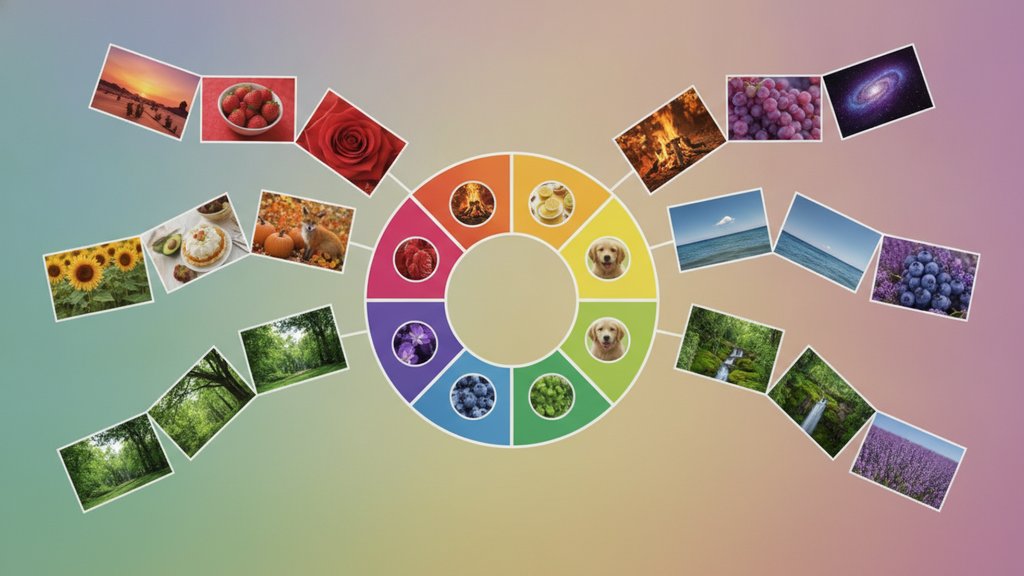 A vibrant color wheel and harmonious photo compositions arranged in a clean, well-lit flat lay showcasing color harmony in photography.