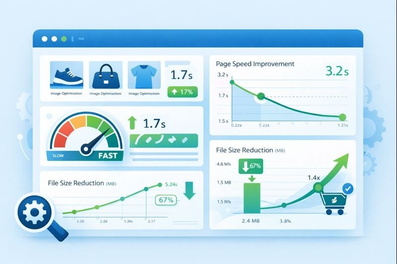 E-commerce dashboard showing image optimization metrics and page speed improvements