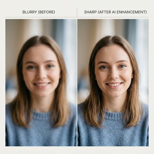 Blurry photo vs sharp photo comparison showing AI image enhancement result