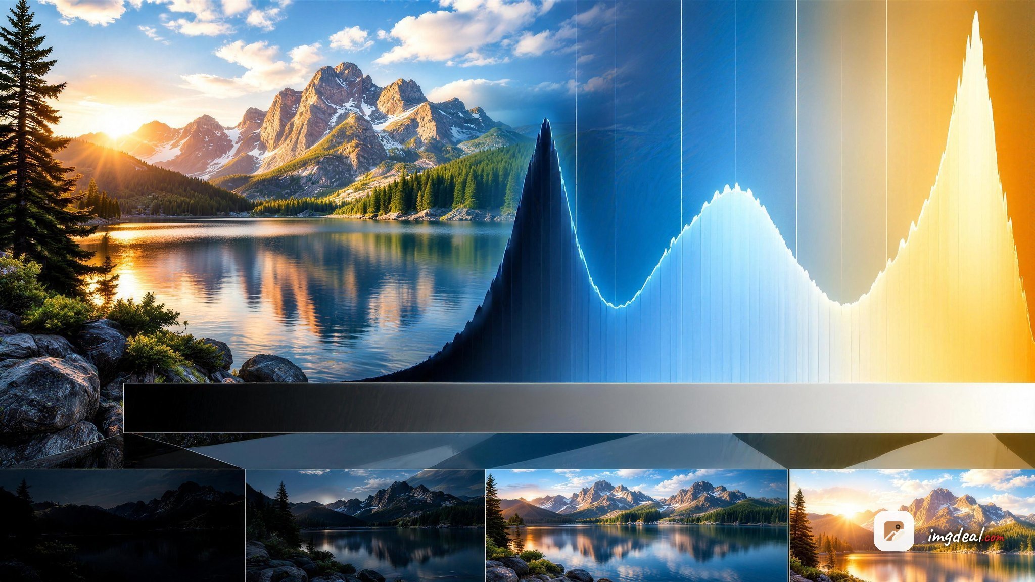 A glowing image histogram with dramatic peaks and valleys displayed on a sleek monitor in a bright, modern workspace.