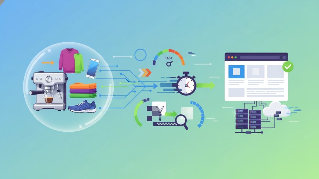 Illustration of e-commerce image optimization showing faster page speed, compressed images, and online sales growth