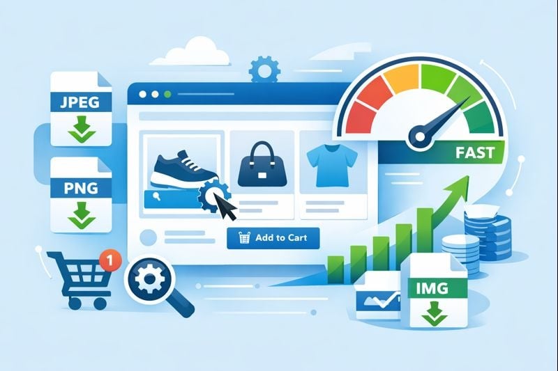 Illustration of e-commerce image optimization showing faster page speed, compressed images, and online sales growth