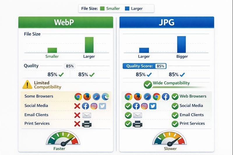Chart comparing image quality and file sizes between WebP and JPG