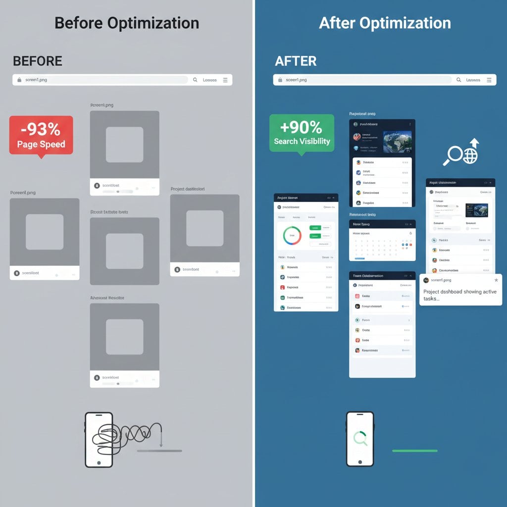 Diagram przepływu pracy pokazujący kroki optymalizacji SEO obrazów od uploadu do indeksowania
