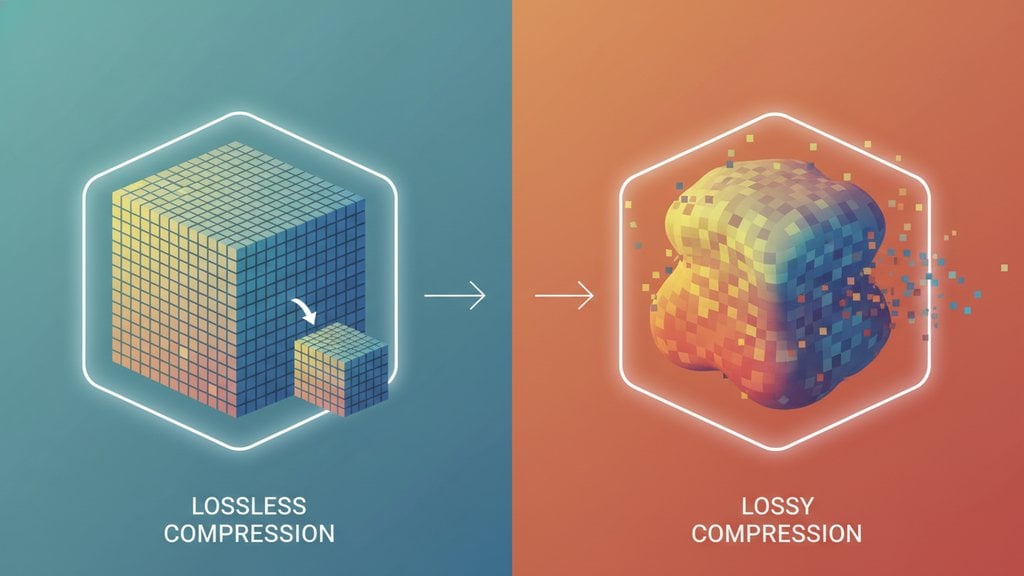 Lossy vs lossless image compression types comparison showing file size and quality trade-offs for web optimization