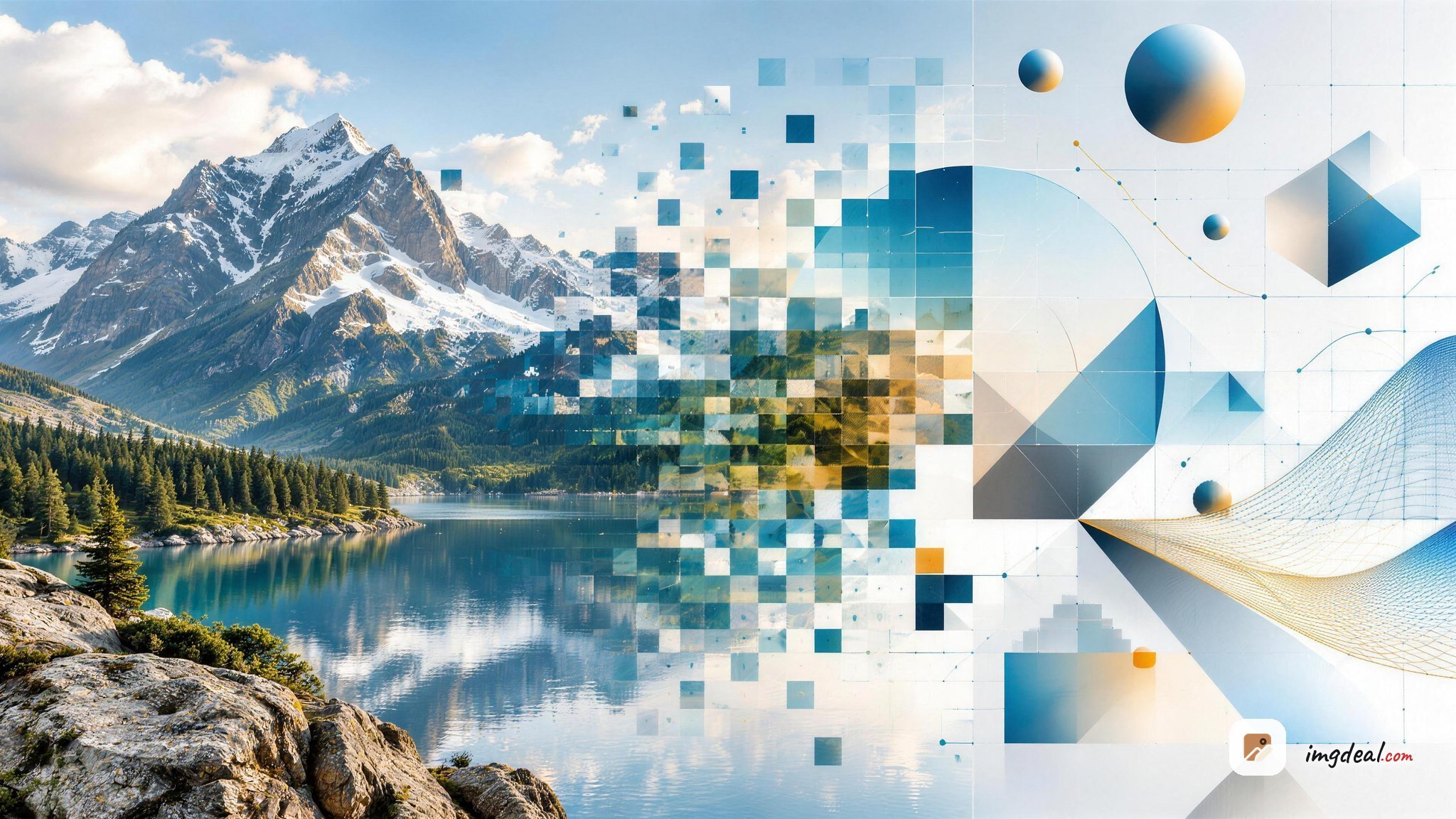 Illustration comparing PNG and SVG image formats, with a detailed landscape transitioning from a pixel-based image into geometric vector shapes.