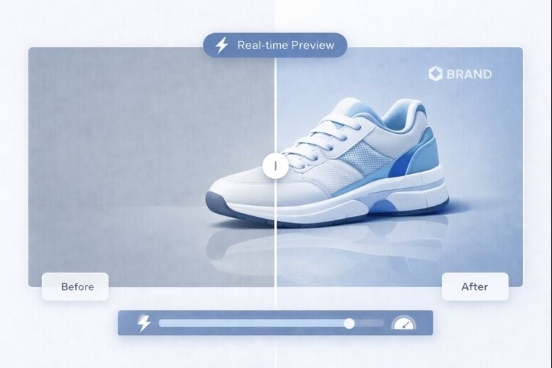 Split screen showing before and after with real-time preview in online images editor