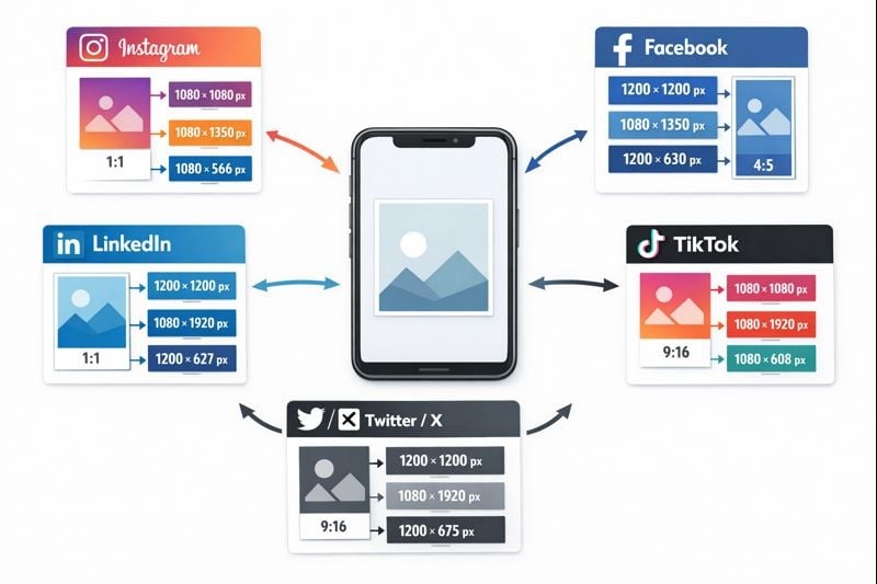 Visual guide showing optimal image dimensions for different social media platforms in 2026