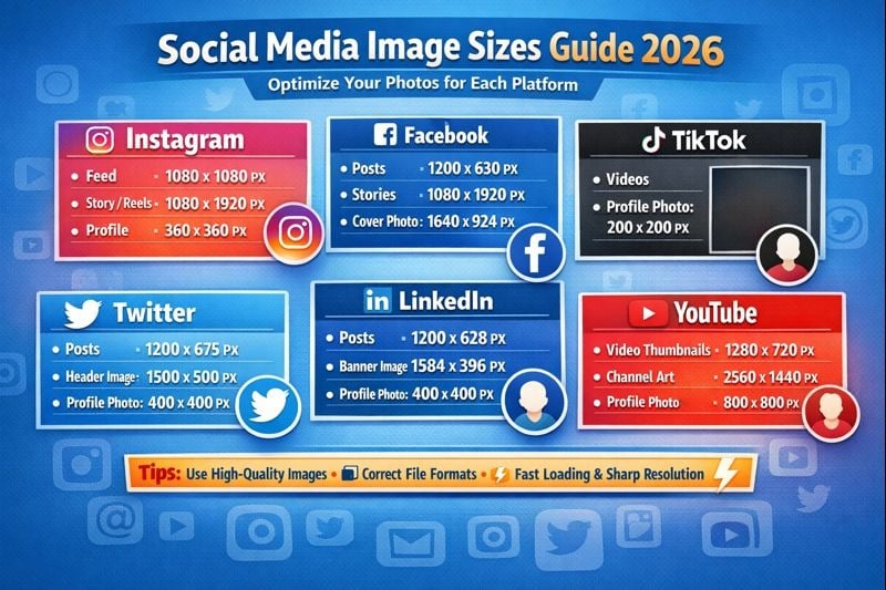 Social media image dimensions guide for Instagram, Facebook, TikTok, Twitter, LinkedIn, and YouTube in 2026