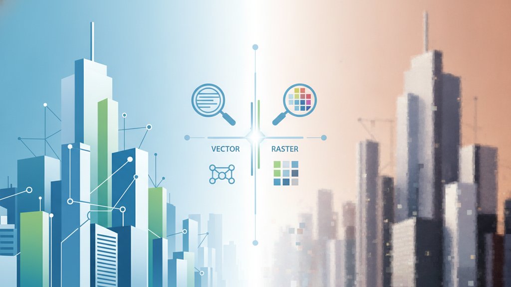 A split-screen illustration comparing crisp vector shapes and pixelated raster graphics, visualizing the key differences between image formats.
