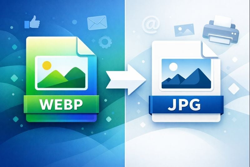 Modern split-screen illustration comparing WebP and JPG image formats with an arrow showing conversion and compatibility across platforms.