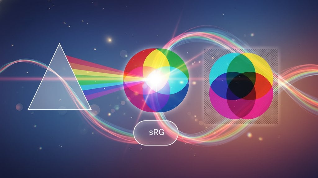Diagram illustrating color space models including a light prism, RGB additive color wheel, and CMYK subtractive color model with an sRGB label