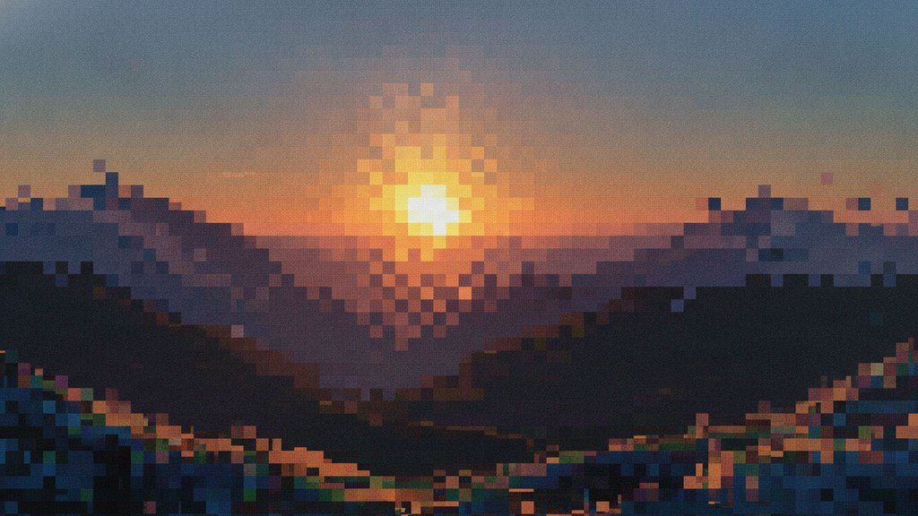 Pixelated landscape showing visible JPEG compression artifacts, including blocky squares, color distortion, and reduced image quality.