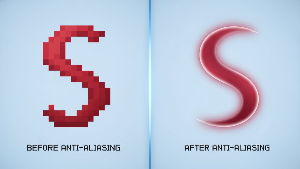 A side-by-side digital graphic showing jagged pixelated edges transforming into smooth curves through anti-aliasing techniques.