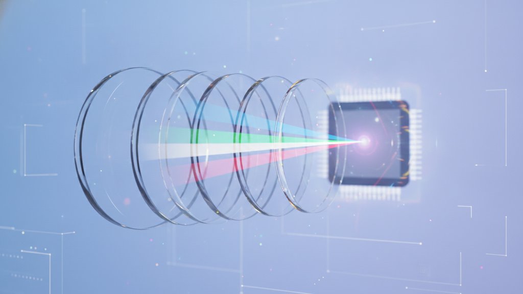A camera lens diagram showing chromatic aberration with vivid color fringing halos splitting light into RGB edges.