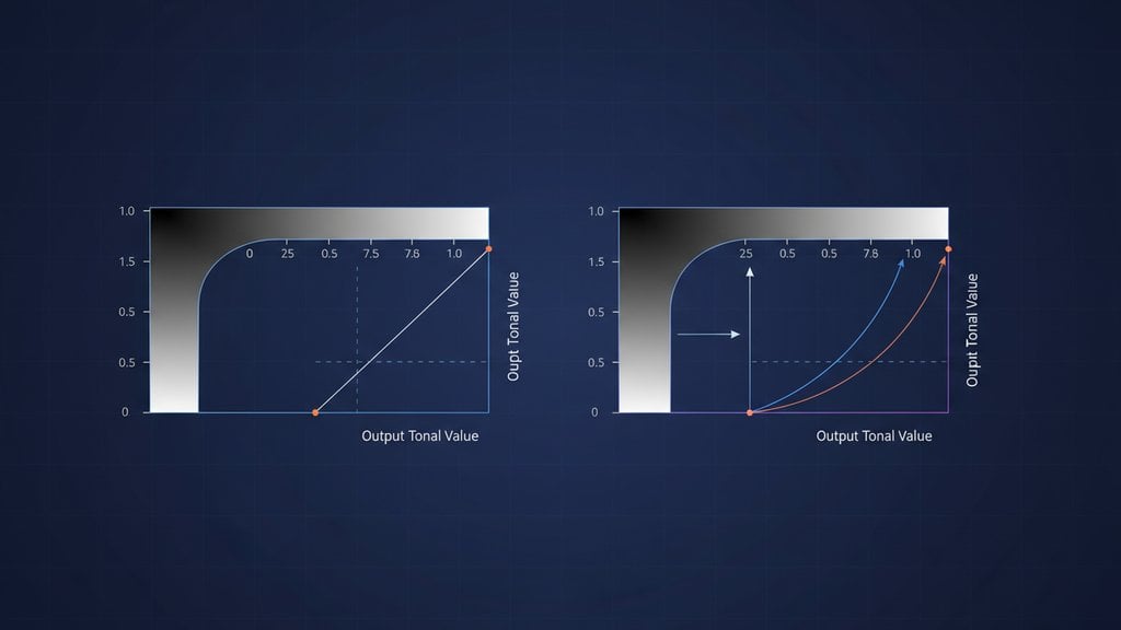 Gamma correction tone curve diagrams showing how different gamma values remap input to output brightness