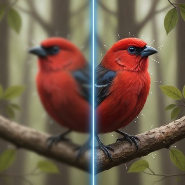 Modern illustration of a photograph being refined through progressive sharpening filters, showing clarity enhancement in action.