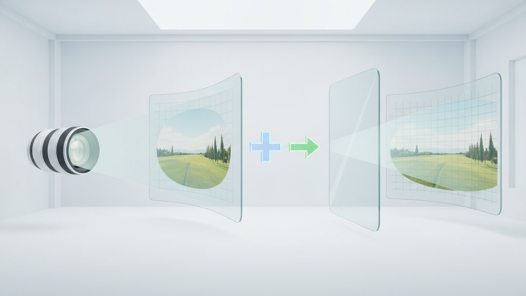 A camera lens with visually warped grid lines illustrating lens distortion concepts in a clean editorial scene.